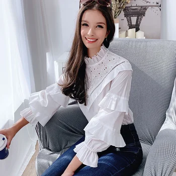 

Dabuwawa Frill Trim Sheer Shirt Blouse Women Ruffle Sleeve Stand Collar Office Lady Elegant Sweet Cotton Blouses Tops DT1AST012