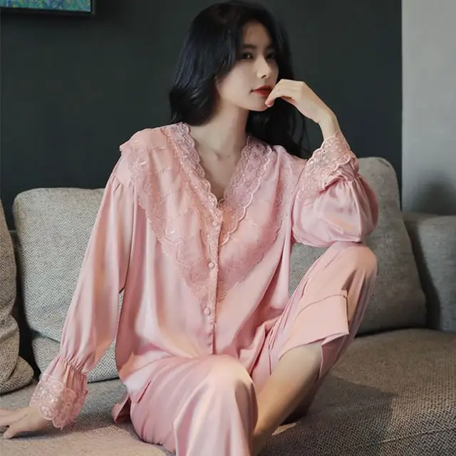 Lace Pj's 2PCS Sleepwear Women Satin Pajamas Suit Summer Pyjamas Casual Intimate Lingerie Long Sleeve Shirt&Pants Lounge Wear Pink E