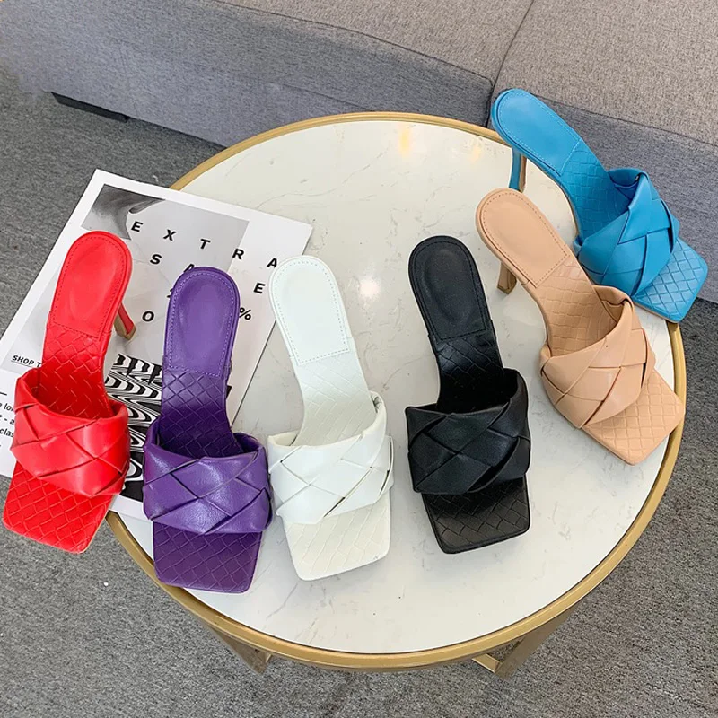 

Blue Shoes Ladies Slippers And Sandals Casual High Heels Sandals Women Square Toe Sandals Sexy Woman Slippers Summer Sandals