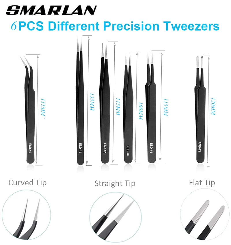 ESD Anti-Static Stainless Steel Tweezer Set Maintenance Repair Tool Kit Anti Static Model Making Tool Hand Set 6pcs