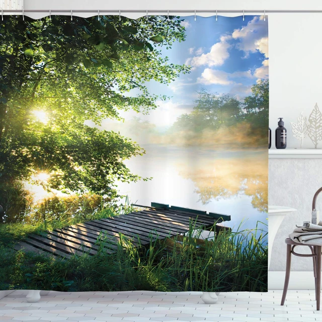 Landscape Shower Curtain Fishing Pier By River In The Morning With