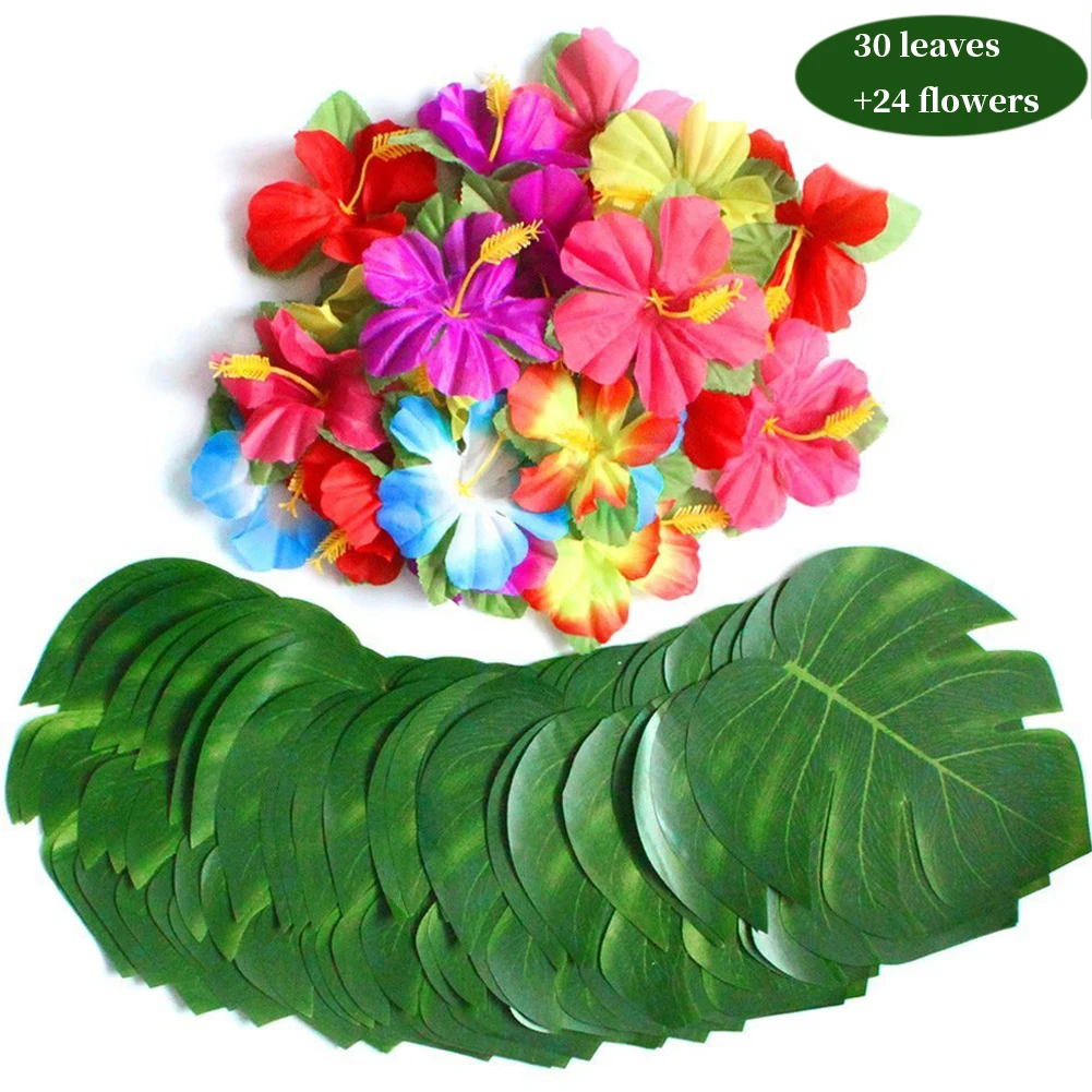 

36pcs Leaves Jungle Beach Theme Simulation Flower Leaf 8" Tropical Leaves For Hawaiian Luau Party Hibiscus Flowers
