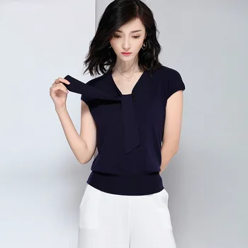 

2019 spring and summer new Korean version of the pullover Tencel tie ribbon short-sleeved sweater women's shirt wholesale