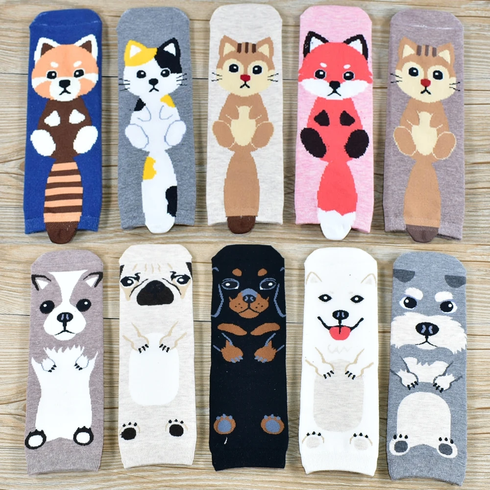 10 pairs of socks Женские носки, популярные новые хлопковые носки с рисунком мопса и котенка, рождественские подарки, Забавные милые женские носки - Цвет: 10 pairs of socks