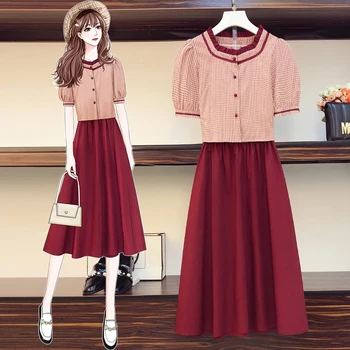 

Women's Leisure Two Pieces Set Plaid blouse short Sleeve Crop Top And Skirt Set Fashion платье женское летнее plus size