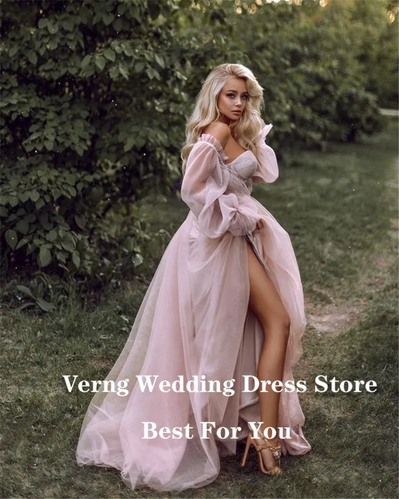 Verngo Dusty Pink Tulle A Line Sweetheart Wedding Dress With Detachable Puff Long Sleeves Garden Country 2021 Bridal Gowns 6