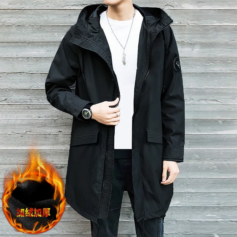 

Coat Men Mid-length Workwear Plus-sized Spring And Autumn Trend Trench Coat Casual Loose-Fit Hooded plus Velvet Jacket