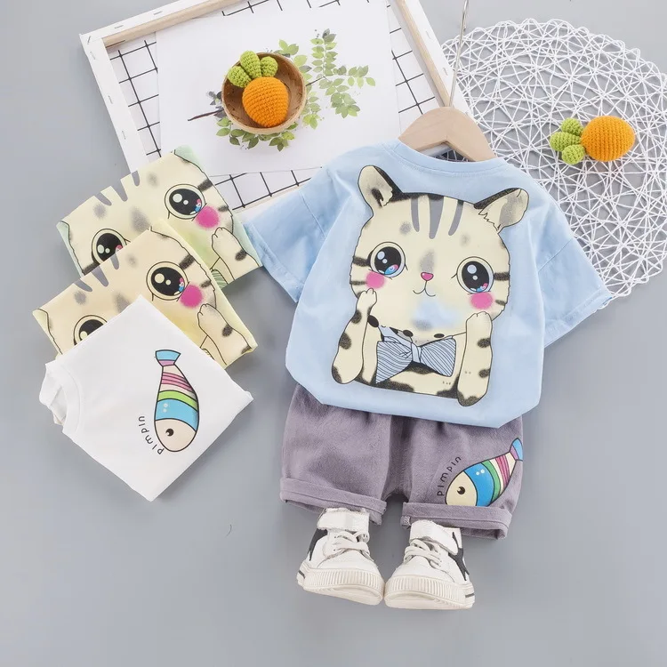 

Kids Clothing 2020 Summer Baby Short Sleeve and Short Set for Kids 1 2 3 4 Year Cute Cartoon Cat Print Boy Tshirt Baby Outfits