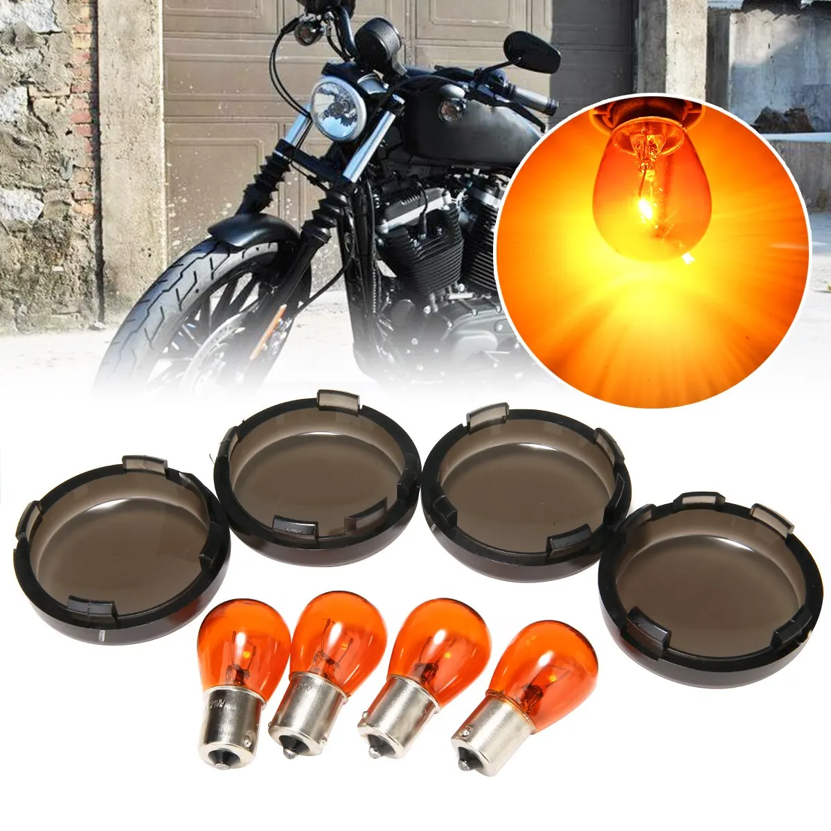 MAYITR 4SRTS Moto Turn Signal Lens With Amber Bulb Kit Direct Installation High Quality Lamp Smoked Case Cover For 883exc