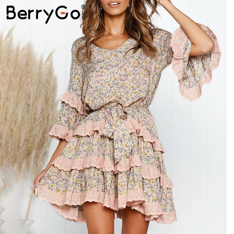 BerryGo элегантное платье с рюшами и цветочным принтом в стиле бохо женское короткое