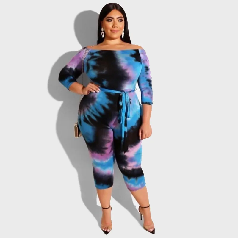 

Plus Size Slash Neck Tie Dye Bandage With Belt Jumpsuit Boho Sexy Playsuit Elegant Casual Rompers Streetwear Overalls For Women