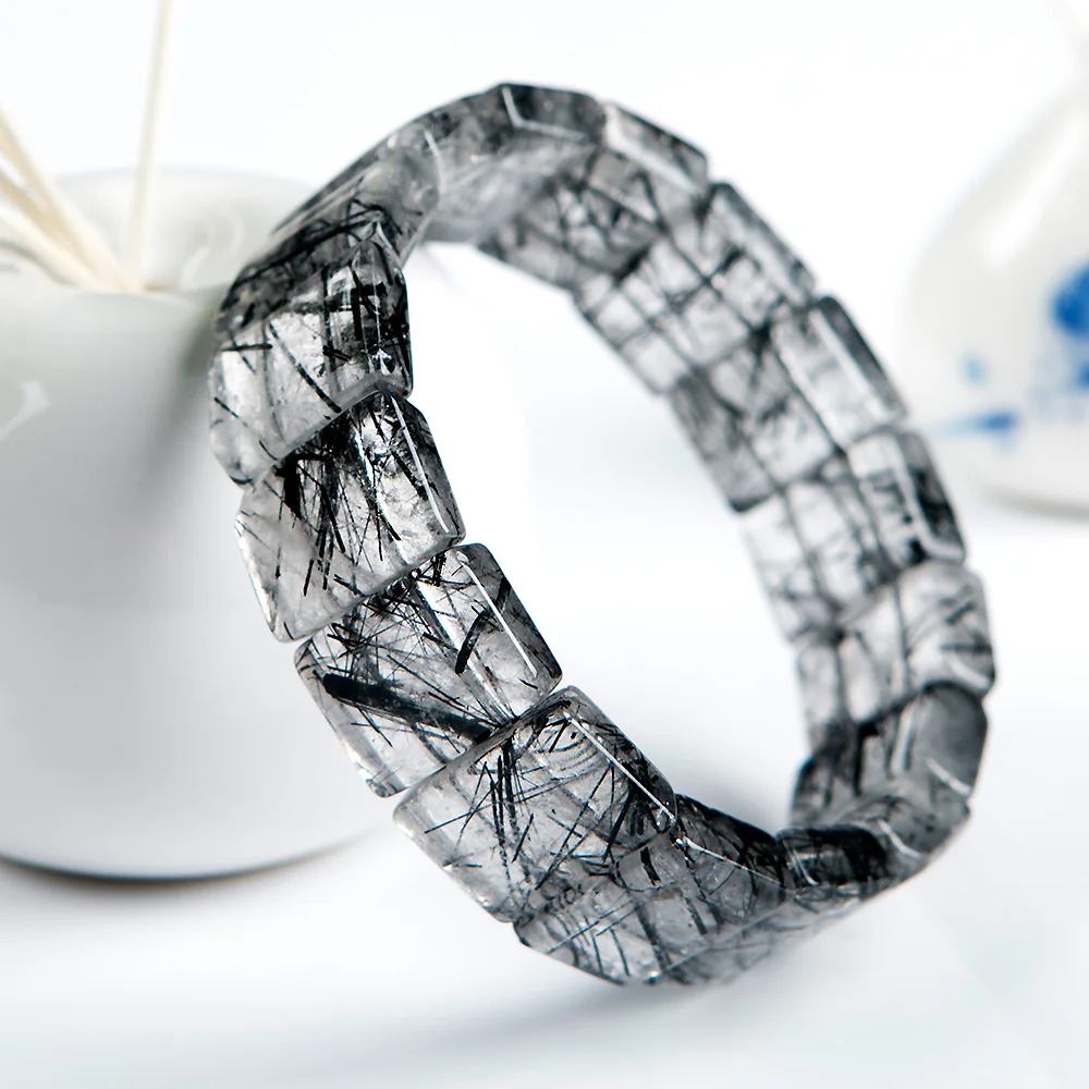 Top Quality Natural Black Rutilated Quartz Bracelets For Women Men Stretch Crystal Rectangle Beads 18x7mm Bangle AAAAA