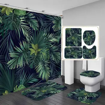 

16Green Tropical Plant Leaves Printed Curtain For Bathroom Shower Anti-slip Bath Mat Sets Toilet Cover Kitchen Carpet