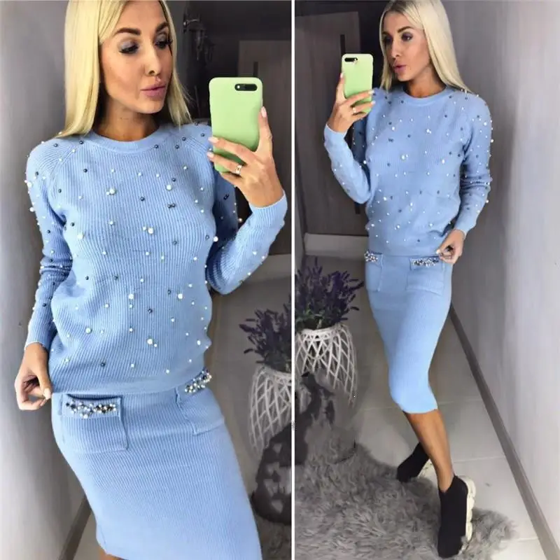 

Women Two Piece Warm Set O-Neck Pearl Beading Knitted Pullover Pencil Skirt Women Elegant 2 Piece Suits