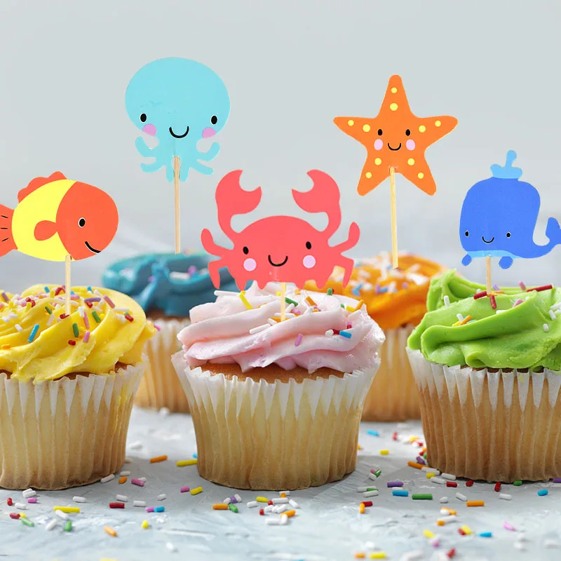 24pcs Ocean Animal Cupcake Toppers Under the Sea Party Cake Flags Boy Baby Shower Mermaid Theme Birthday Party Cake Decorations