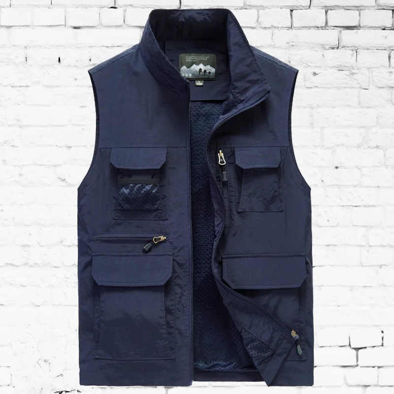 

Spring And Summer Large Size Stand Collar Waistcoat Men Photography Vest Multi-pockets Workwear Fishing Vest Reporter Quick-Dry
