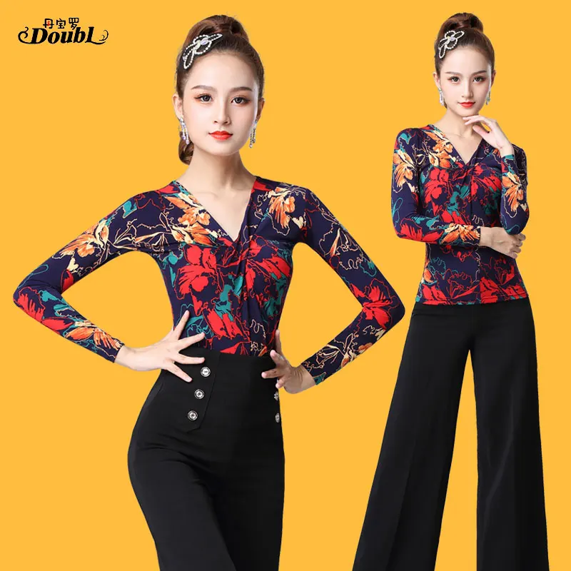 

DOUBL Latin Dance Top Long Sleeve Female Adult National Standard Practice Dress Social Dance Stage Performance Dance Workout
