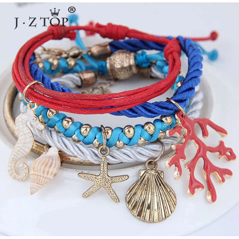 Multilayer Multi-element Marine Bracelet For Women Fashion Starfish Conch Shell Cute Hippocampus Bracelets New Arrival | Украшения и