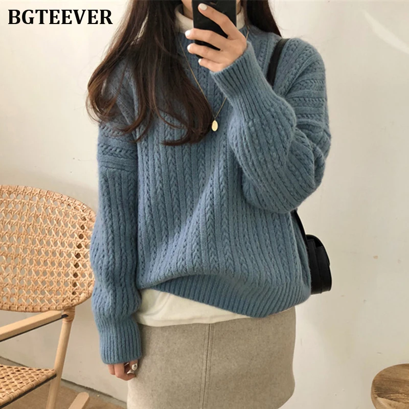 BGTEEVER Vintage Striped Autumn Winter Oversize Sweater Pullover Women Warm Chic Loose O-neck Female Knitted Sweaters 2019 | Женская