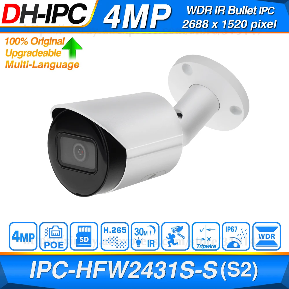 Dahua Original IPC-HFW2431S-S 4MP HD POE SD Card Slot H.265 IP67 IK10 30M IR Starlight IVS WDR Upgradeable Mini Bullet IP Camera