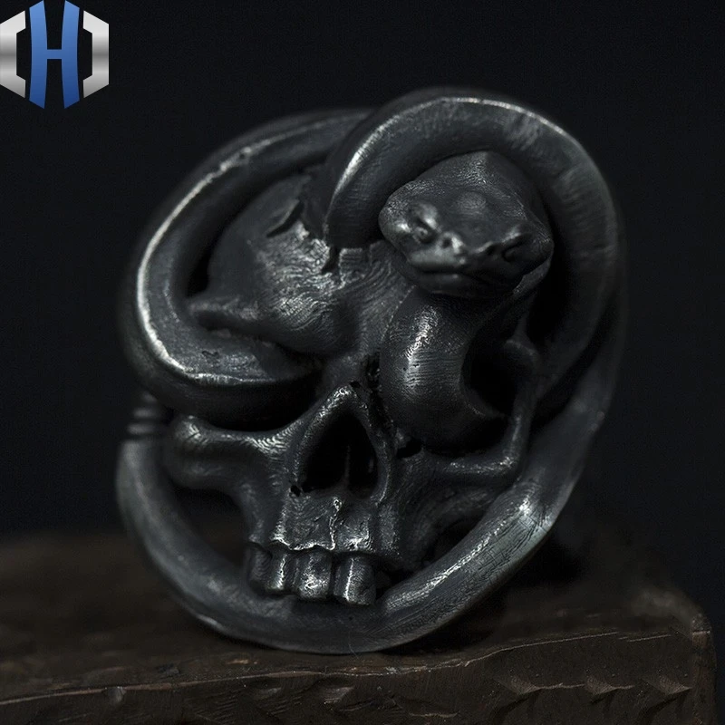 Оригинальное дизайнерское кольцо ручной работы из серебра 925 пробы с эмалью, индивидуальное кольцо с черепом, темное кольцо в стиле панк со змеей