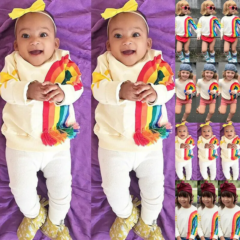 US Toddler Baby Girls Kids Long Sleeve Rainbow T-Shirt Sweatshirt Tops Clothes