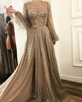 

Elegant Muslim Evening Dresses 2019 A-line Long Sleeves Slit Pearls Islamic Dubai Saudi Arabia Long Evening Gown Prom