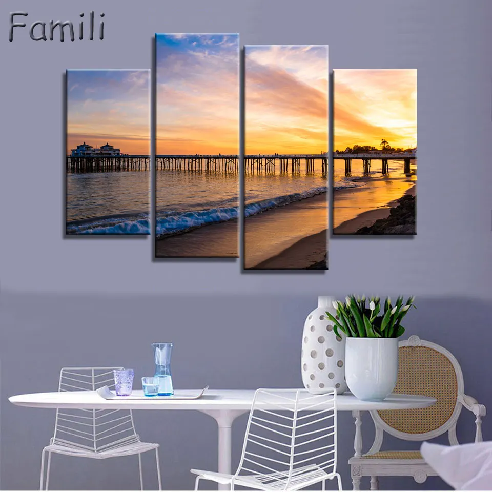 4Panel Art Modern Sea Green Blue Beach Wave Picture Decoration Canvas Painting Wall Picture For Living Room Home Decor Unframed