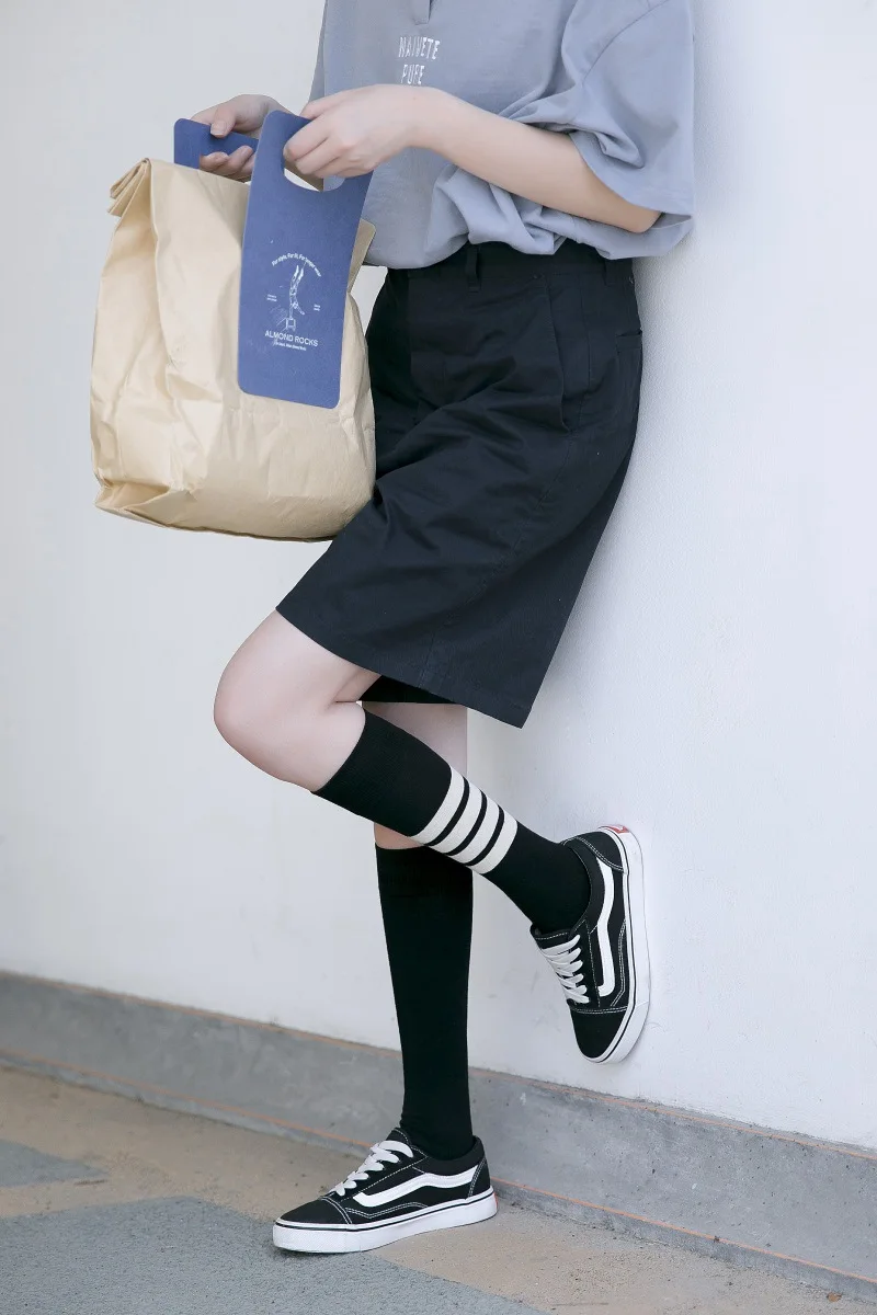 Net Red Long Socks Female Korean Spring And Autumn Socks Japanese-style College Style Knee-Length Half Length 3-Bar High Socks