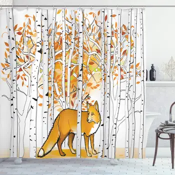 

Hunting Shower Curtain Fox Hunting in Autumn Forest Birch Trees Rustic Life Wilderness Animal Cloth Fabric Bathroom Decor Set