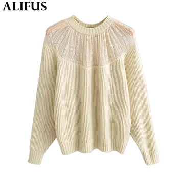 

Fashion Za Women Sweater 2019 Autumn Lace Patchwork O-Neck Casual Long Sleeve Loose Knitting Pullover Sweaters Jumper Ladies Top