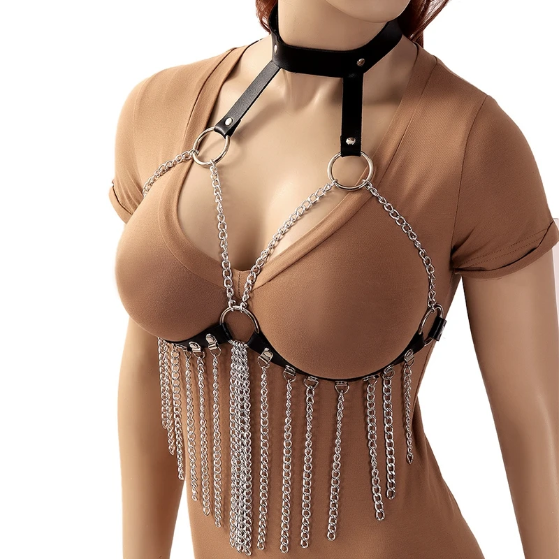 

Goth Body Metal Chain Tassel Underwear Chest Harness Bondage Cupless Bra Leather Hanging Neck Hollow Sling Sexy Lingerie Fetish