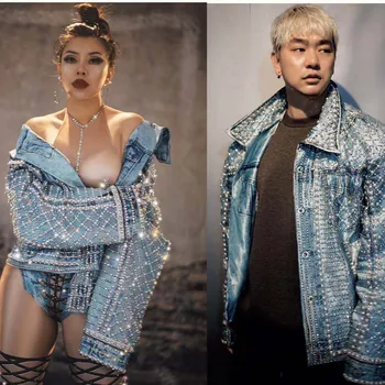 

Blue Cowboy Loose Coat Men and Women Wear Nightclub Dj Rhinestone Pearls Performance Costumes Party Casual Men's Jacket Coats