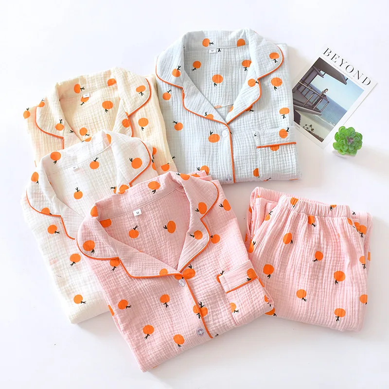 

Sleepwear Suit Female Nightwear Spring Long Sleeve Casual Homewear Set Comforrt Pajama Set For Women Orange Printed Cotton
