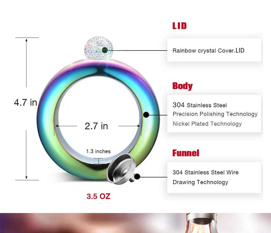 Браслет-фляга из нержавеющей стали, фляга, фляга, 304 нержавеющая сталь, браслет с кристаллом ручной работы, кувшин, вечерние, скрытые колбы, набор 3,5 унций