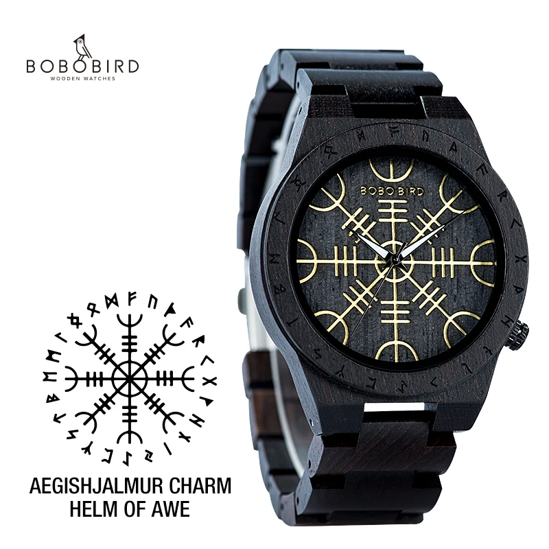 Feito à Mão Relógios de Madeira Relógio com Leme de Ouro Relógio de Pulso Bobo Pássaro Homem Mulher Runic Círculo Awe ou Vegvisir Quartzo Masculino