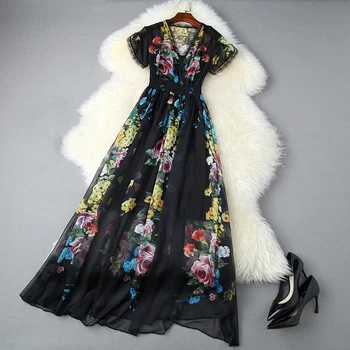 

HIGH STREET Newest Fashion 2020 Designer Dress Women's Short Sleeve V-neck Gorgeous Floral Print Long Dress