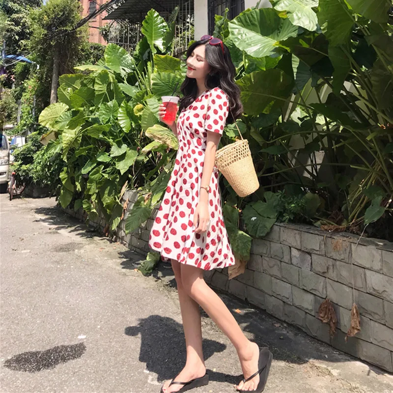 

2020 Spring And Summer New Style Base Skirt Strawberry Polka Dot Skirt Slimming Hipster Large Size Loose-Fit Dress Women's