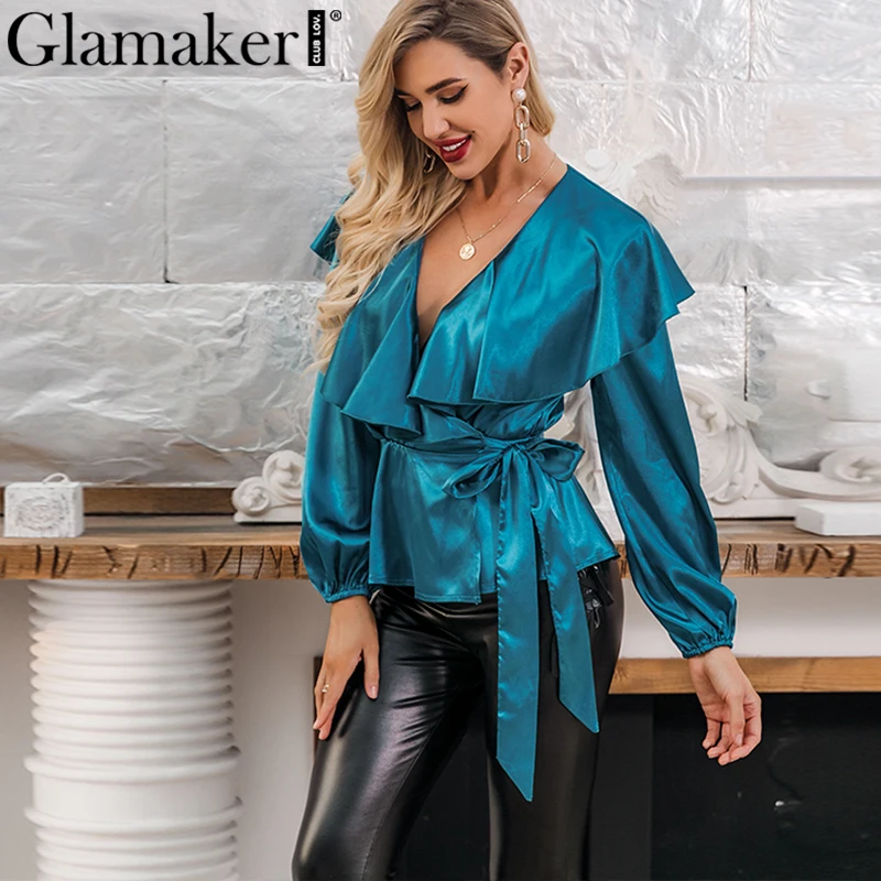 Glamaker, атласная блузка с рюшами в стиле пэчворк, женская рубашка, рукав-фонарик, v-образный вырез, блузка, топ, Женская винтажная офисная одежда, короткий топ