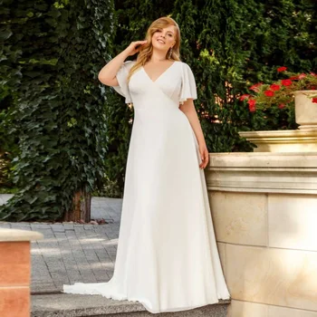 

Jiayigong Sexy Short Sleeves Chiffon Wedding Dresses Plus Size Simple Deep V Neck A Line Beach Wedding Gown Robe De Mariage