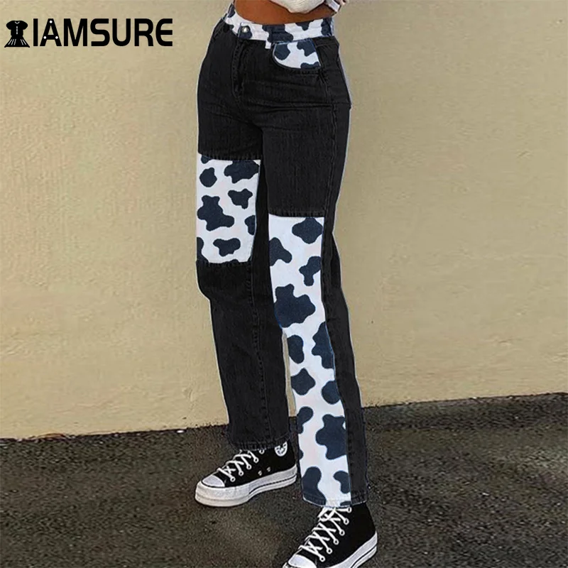 

IAMSURE Milk Print Patchwork Jeans Y2k Pants Women Harajuku High Waisted Female Pants Streetwear Fashion Denim Straight Trousers