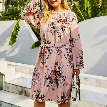 

2019 Autumn Round Neck Waist Belt Party Dress Women Full Sleeve Flower Print Floral Bohemian Dress Female Vestido Plus Size