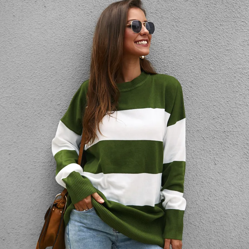 

Winter O-Neck Knitted Sweaters Tops Women 2019 Autumn Long Sleeve Striped Pullover Sweater Korean Pull Femme Jumper Female