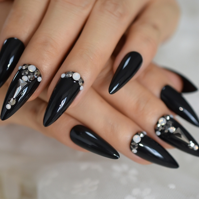 Black Reusable False Nail Pre design Gems Decorated Stiletto Press On Easy Wear Artificial Nails Art Fake Extension Tips