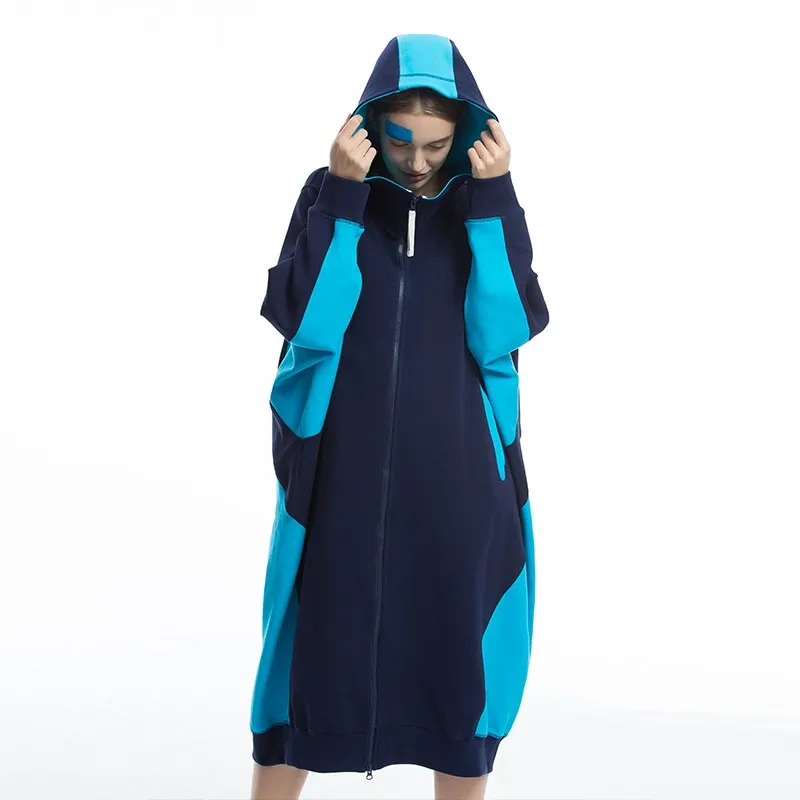 Women Spring Autumn New Casual Ultra Loose Long Hooded Knitted Cotton Sweatshirt Ladies Oversize Hoodies Coat - Цвет: Dark Blue