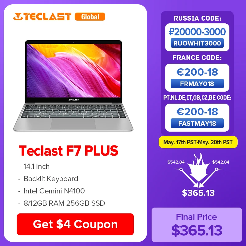 Teclast F7 Plus 14.1'' IPS 1920x1080 Laptop Intel Gemini Lake N4100 8GB RAM 256GB SSD Windows 10 Notebook Backlight Keyboard