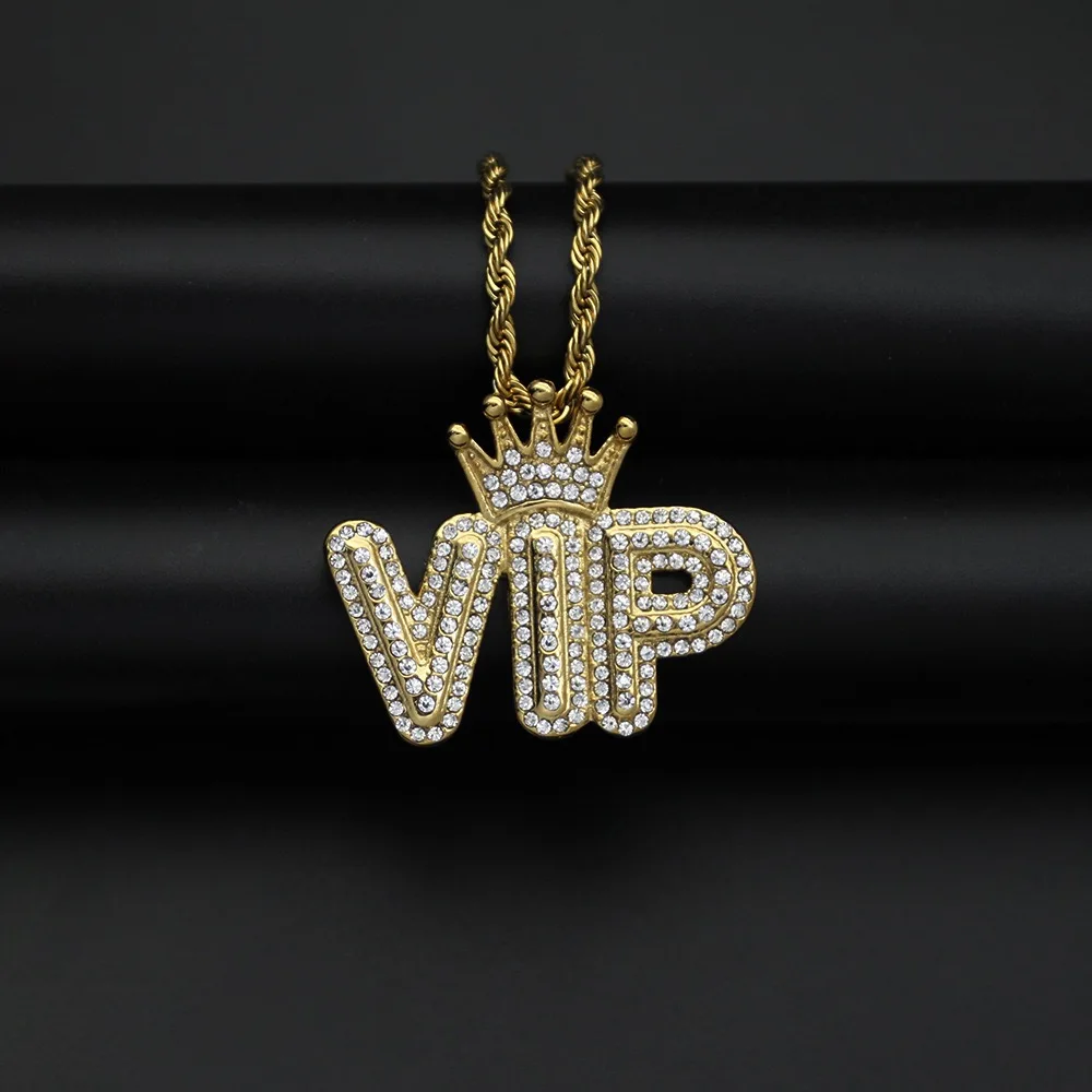 

Hip Hop Luxury Cubic Zircon Letter VIP Crown Pendant Necklace for Men Gold Color Stainless Steel Rock Jewelry Father Gift
