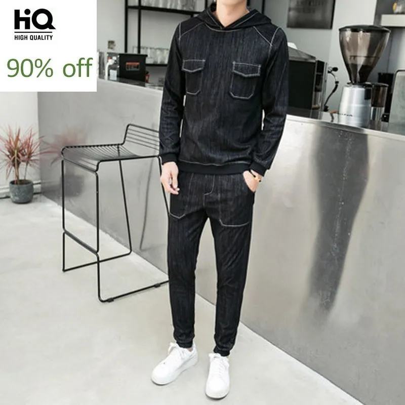 

Suits Mens 2020 Spring Korean Fashion Streetwear Pullover Long Sleeve Hooded Male Denim Tops Casual Elastic Waist Jeans Sets Man