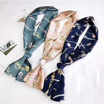 

New 15*145 cm Luxury Brand Silk Scarf Women Fashion Carriage Chain Design Satin Large Square Scarves Lady Twill Shawl Bandana