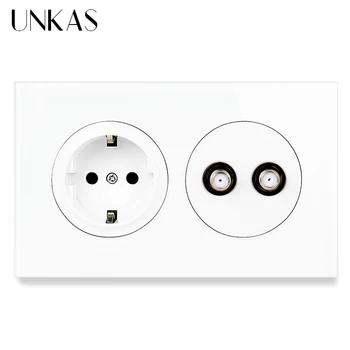 

UNKAS EU Wall Socket + Female Dual Satellite Cable TV Connector Jack 146MM*86MM Crystal Glass And Black Aluminum Panel Outlet